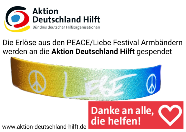 Liebe/Peace Festivalbändchen blau - gelb (der Erlös wird gespendet)